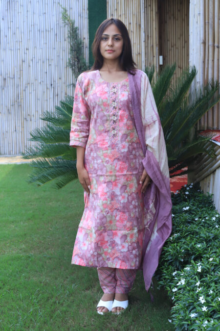Pink Floral Kurti Set with Pants & Dupatta