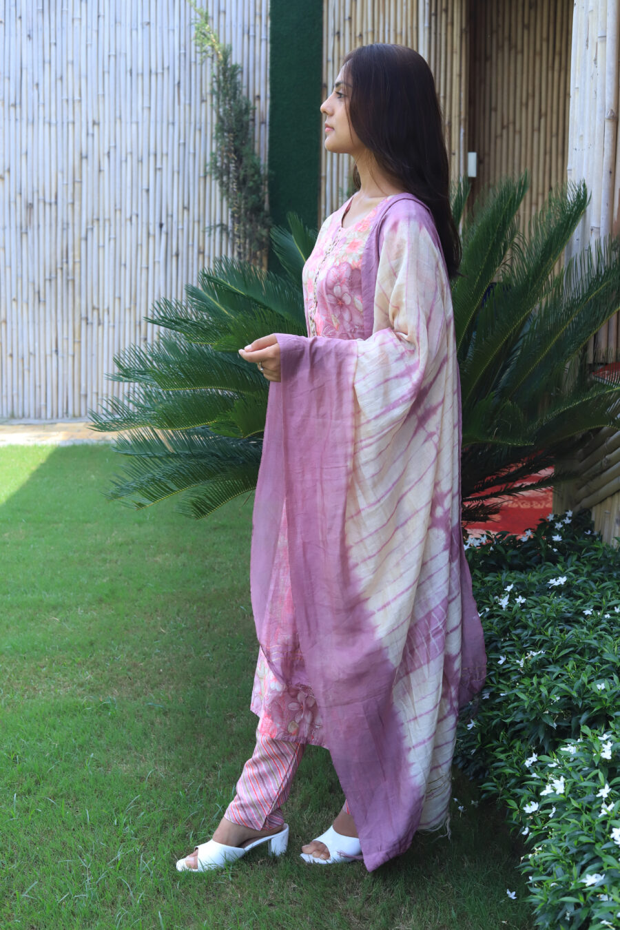 Pink Floral Kurti Set with Pants & Dupatta - Image 2