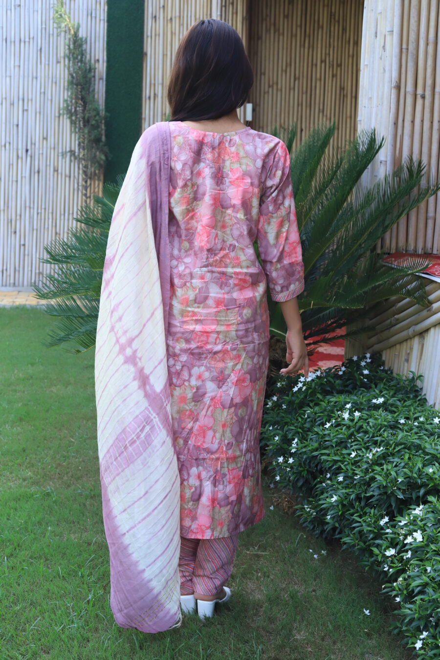 Pink Floral Kurti Set with Pants & Dupatta - Image 4